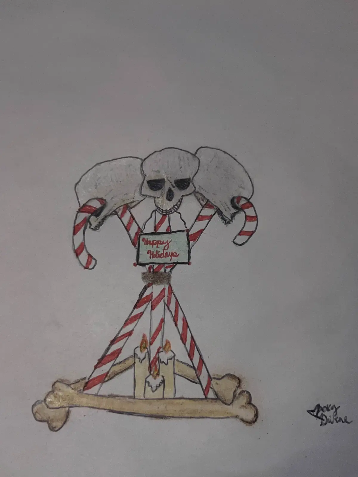 A hand-drawn illustration depicts a skeletal figure with jester-like pigtails made of candy canes, holding a sign that reads…