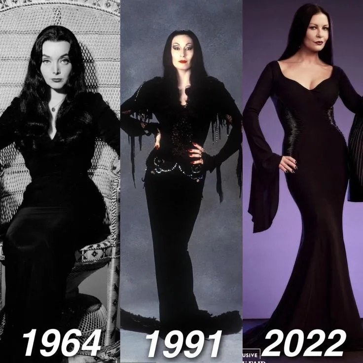 A triptych image shows three photos of actress and singer Cassandra Peterson, portraying her character Elvira, Mistress of…