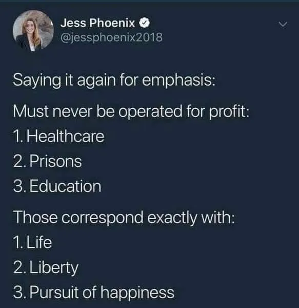 A screenshot of a tweet by Jess Phoenix showing a list of three sectors that must never be operated for profit: healthcare…