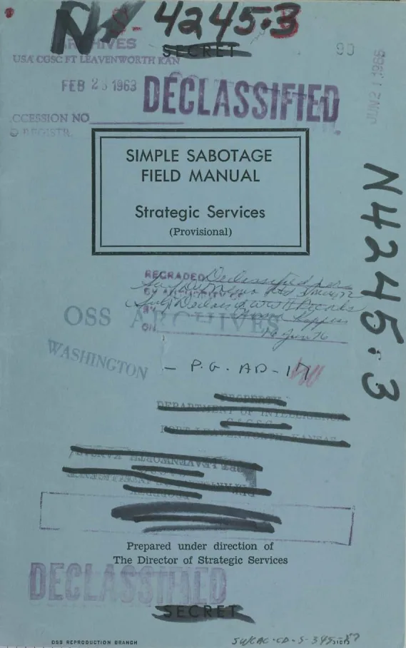 A faded, official-looking document titled 'SIMPLE SABOTAGE FIELD MANUAL' from 'Strategic Services (Provisional)' is overlaid…