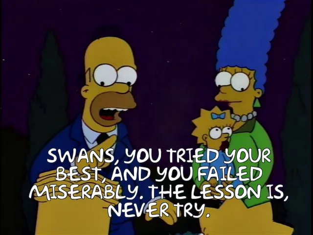 The image shows Homer Simpson with a shocked expression, holding a small child, while Marge Simpson stands beside him…