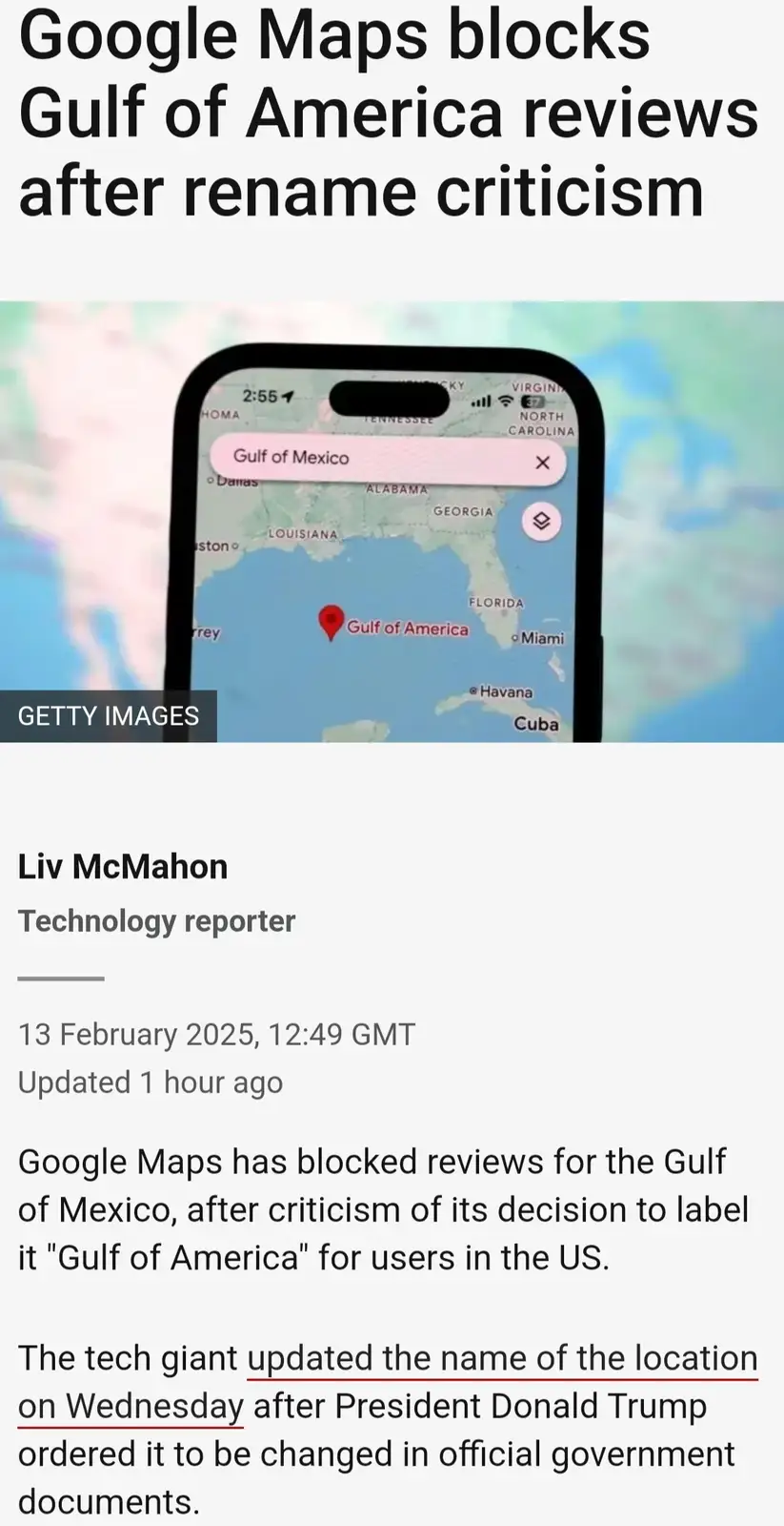 A screenshot of a news article shows a smartphone displaying Google Maps with a red pin on a location labeled 'Gulf of…