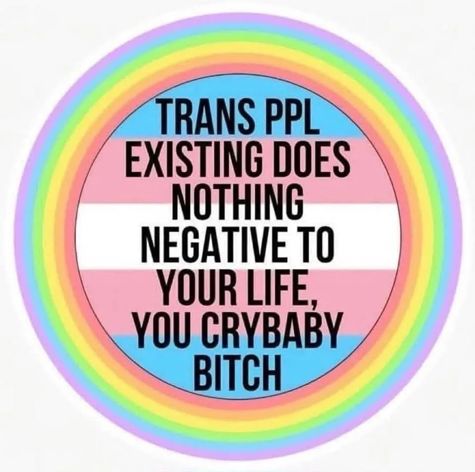 A circular image features the trans pride flag (light blue, pink, white stripes) at its center, surrounded by concentric…