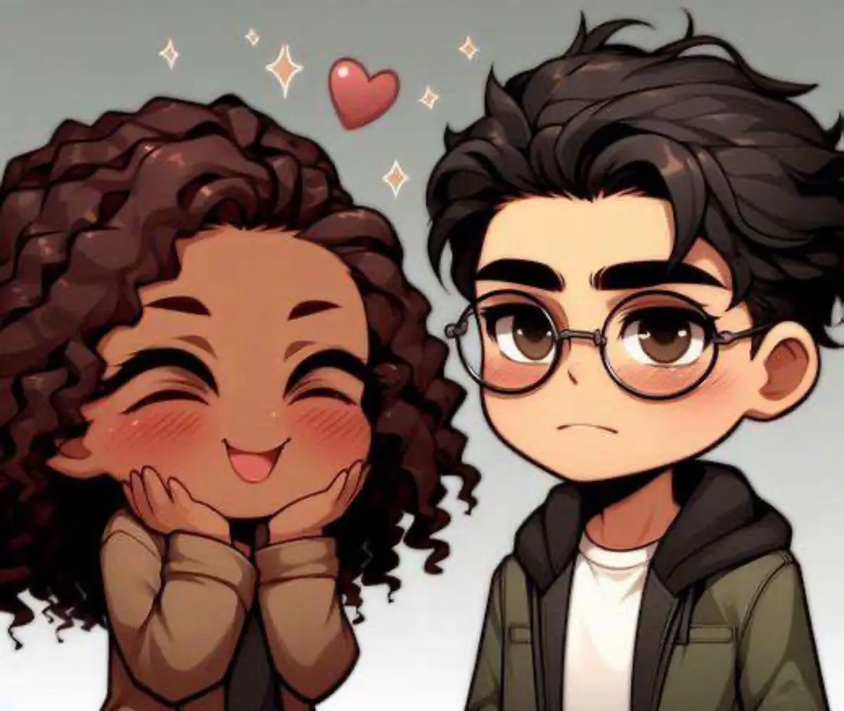 An anime-style illustration shows a joyful woman with curly hair smiling with her hands under her chin, while a man with…