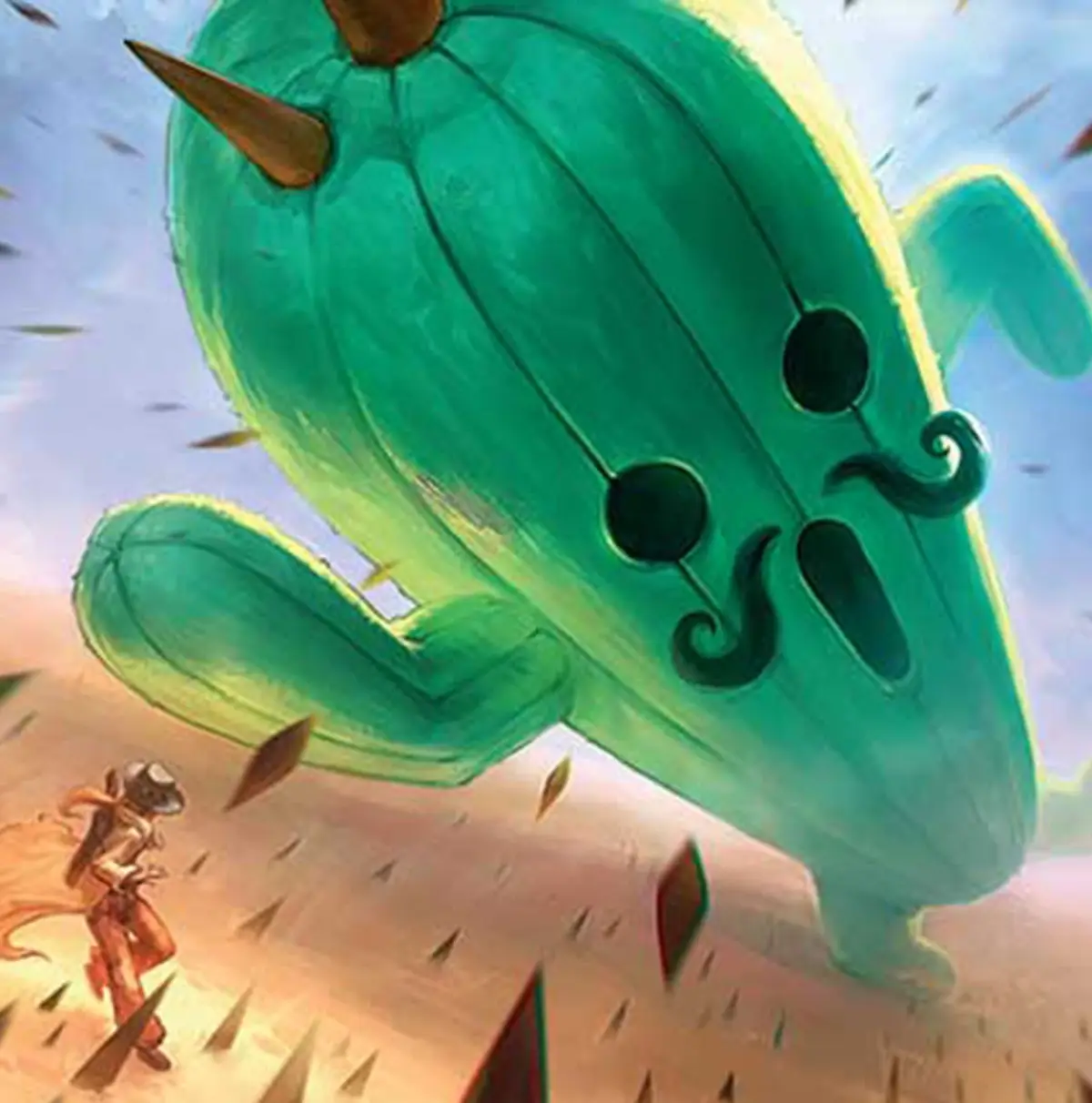 A cartoonish, anthropomorphic green cactus with a mustache and two black eye holes looms over a tiny adventurer in a desert…