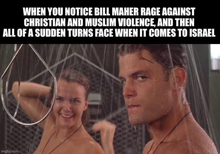 A man and woman are in a shower, the woman smiling and looking away while the man stares intensely forward. The text…