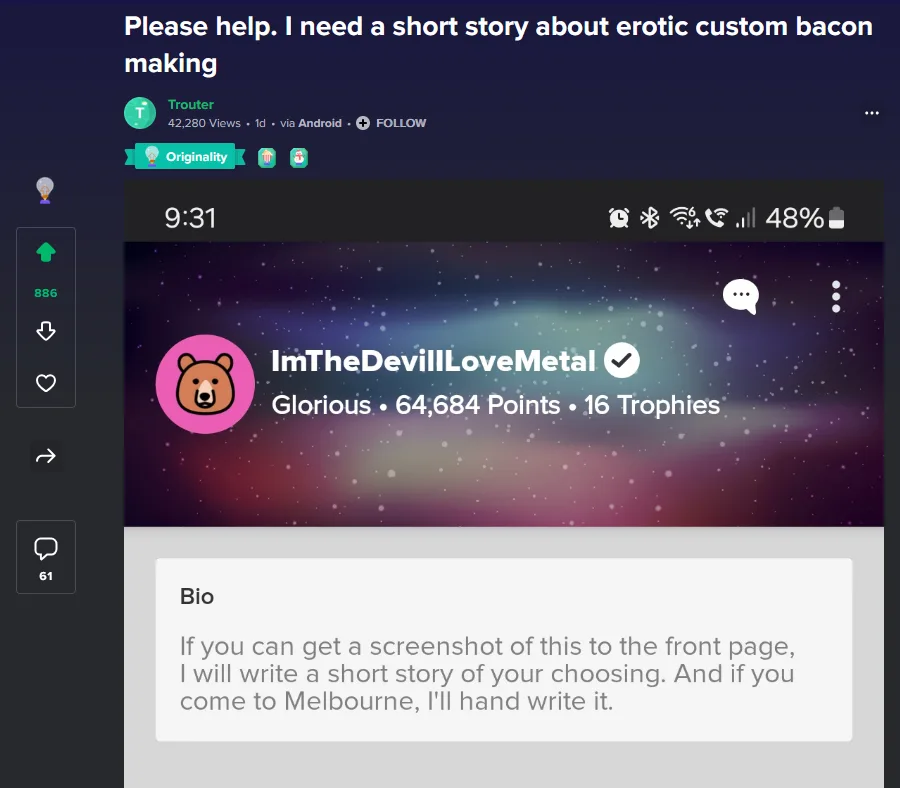 A screenshot of a Reddit post by user 'Trouter' requesting a short story about 'erotic custom bacon making'. The post shows…