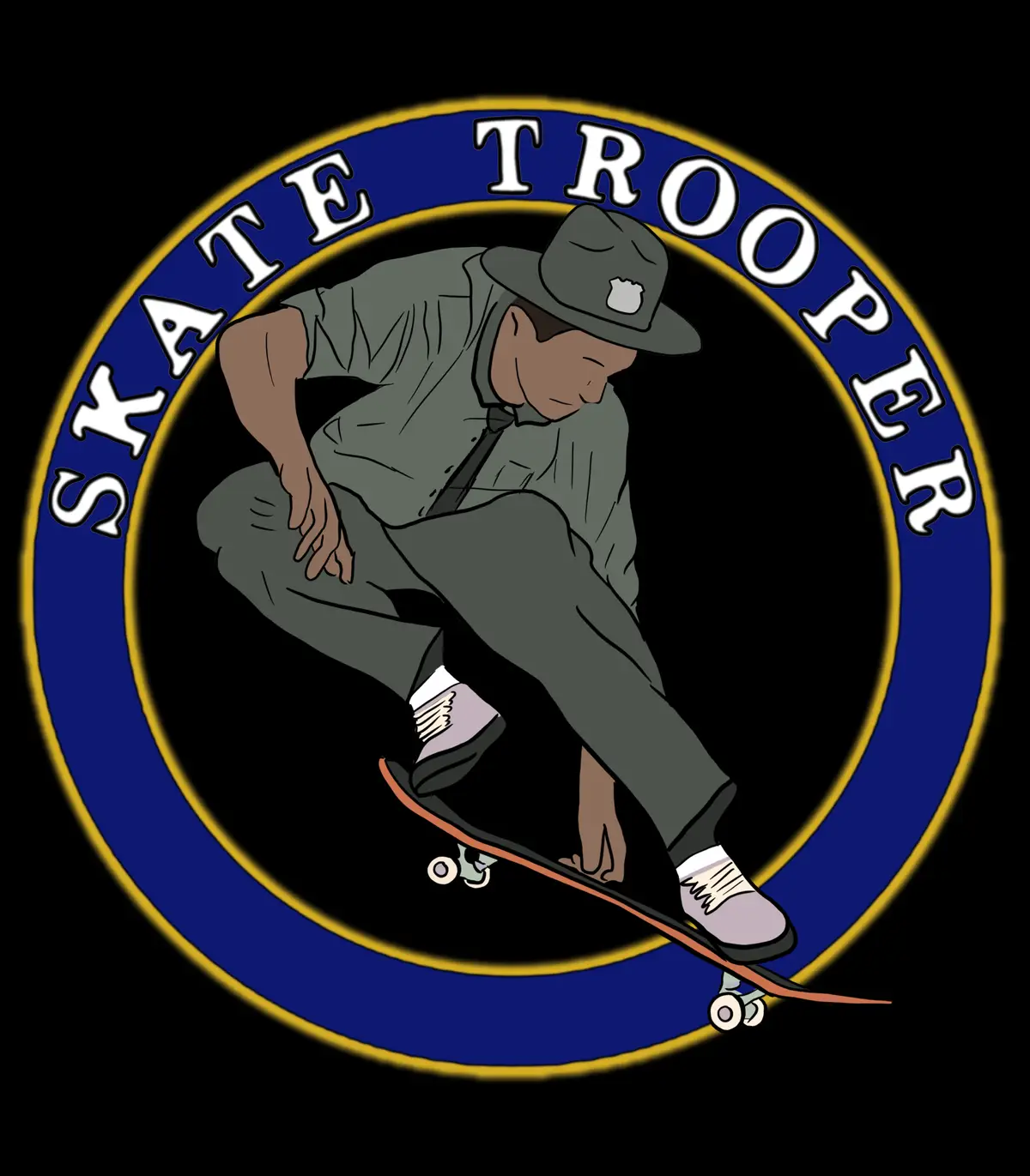 A cartoon illustration of a man in a police-style uniform and hat riding a skateboard, enclosed within a circular blue and…