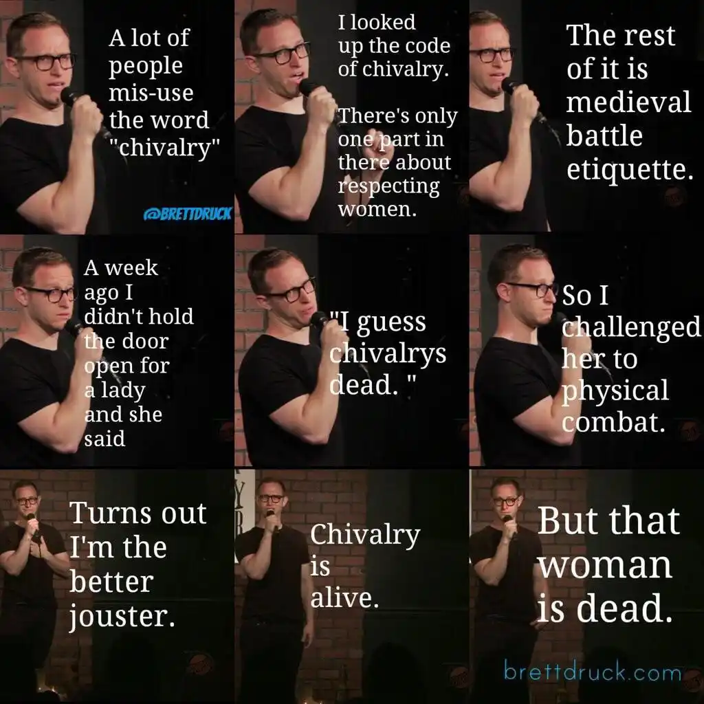 A nine-panel comic strip featuring comedian Brett Druck performing stand-up. He's shown holding a microphone on a stage with…