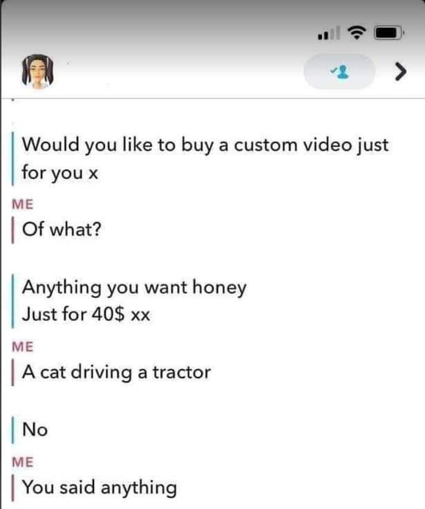 A screenshot of a text conversation where one person offers to make a custom video for 40 dollars, and the other asks 'Of…