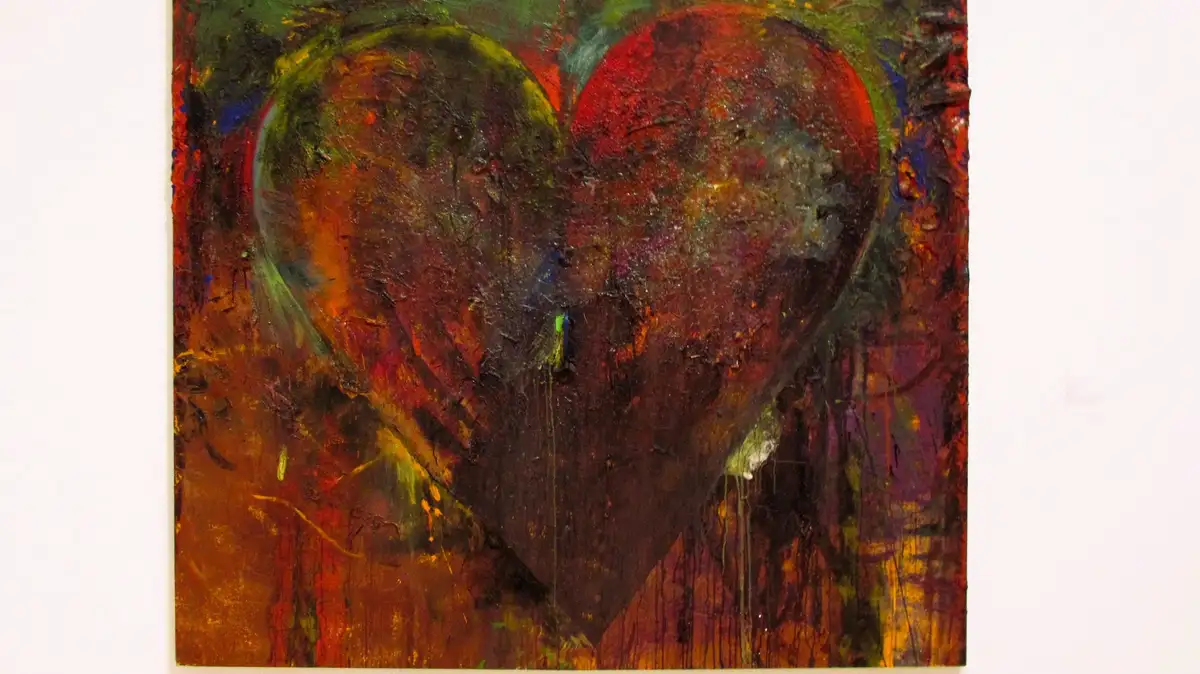 A textured, abstract painting of two large, overlapping hearts rendered in dark, earthy tones of red, brown, green, and…