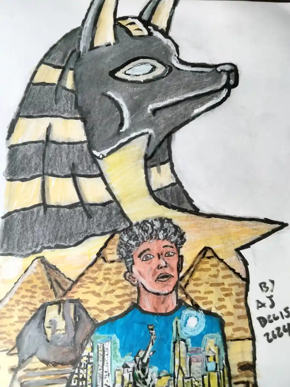 A hand-drawn image shows a large, stylized jackal-headed Egyptian god Anubis looming over a young person with curly hair…