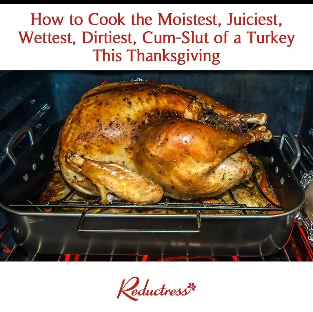A roasted turkey sits in a roasting pan inside an oven, its skin golden-brown and seasoned. The image is overlaid with red…