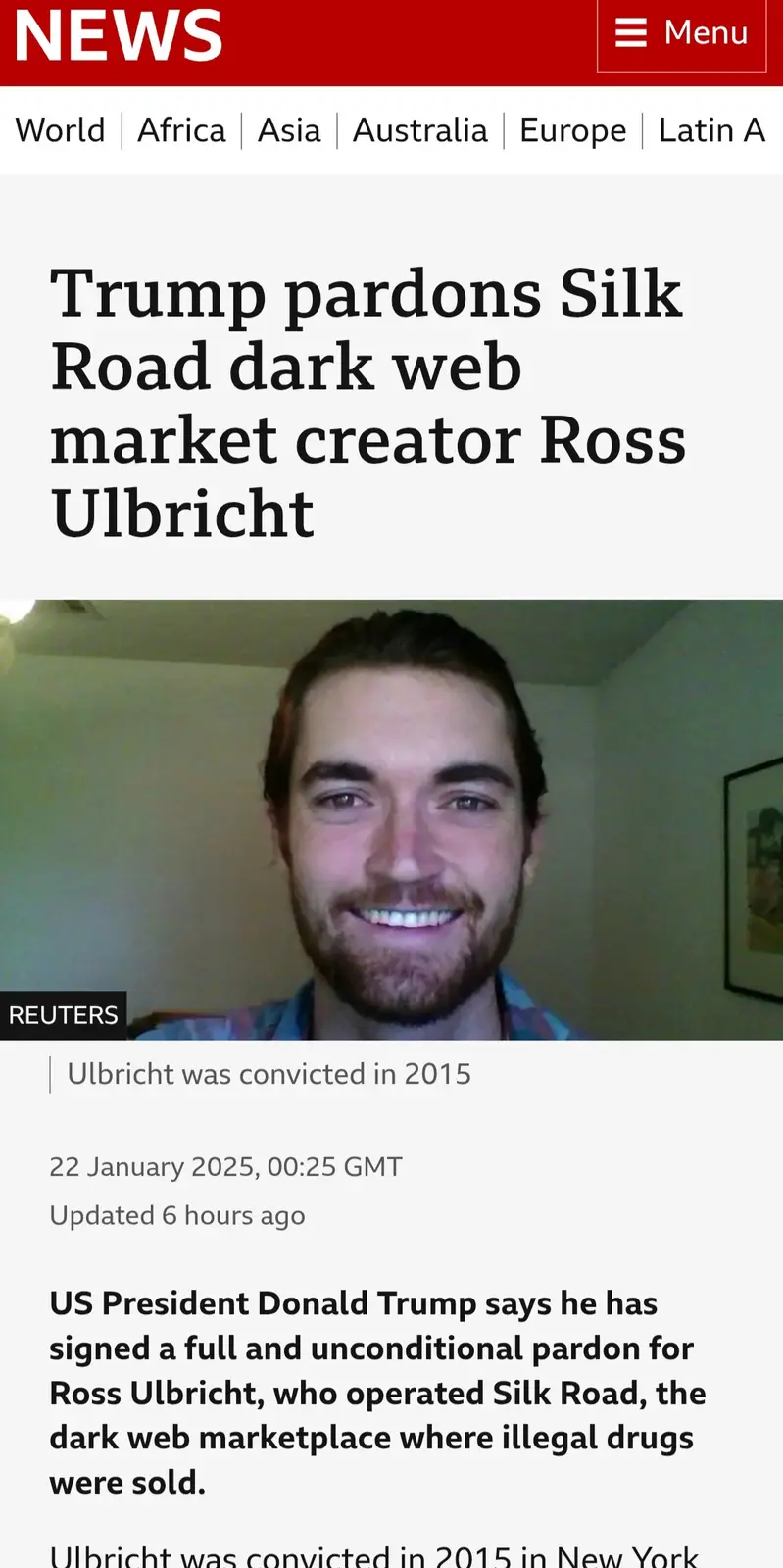 A screenshot of a fake news article from a website with a red 'NEWS' header, featuring a photo of Ross Ulbricht smiling. The…