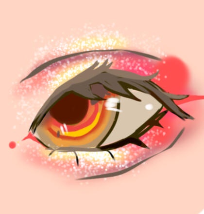 A digitally drawn anime-style eye with red, watery skin and sparkles, showing a tear falling from the corner. The overlaid…