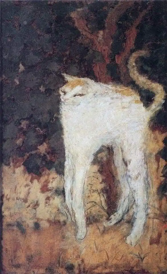 A painting of a white cat standing in a dark, textured forest setting with its eyes closed and tail curled up, overlaid with…