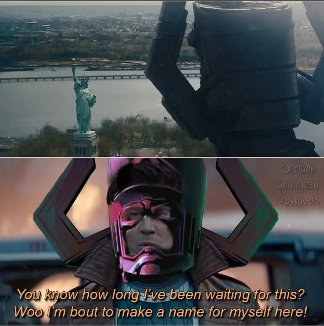 The top panel shows a giant robot's arm looming over New York City with the Statue of Liberty in the background. The bottom…