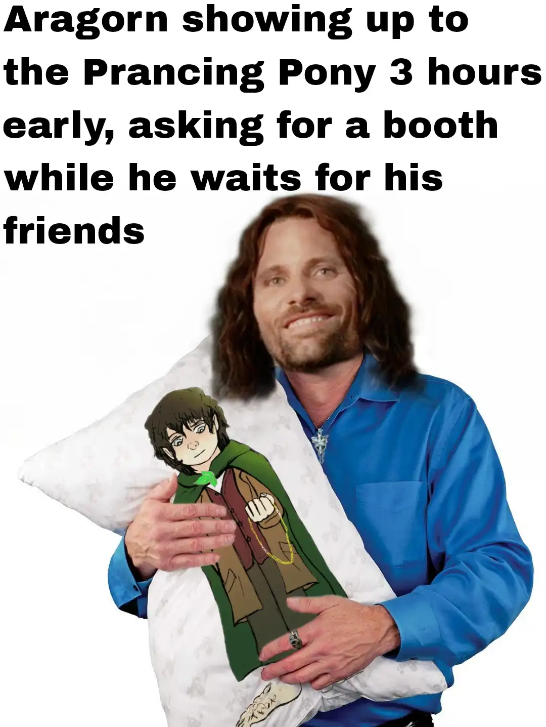 A man with long brown hair and a blue shirt holds a white pillow featuring an anime-style illustration of a character…
