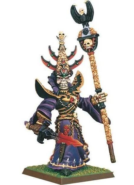 A highly detailed, painted miniature figurine of a skeletal, demonic-looking character in ornate purple robes and a tall…
