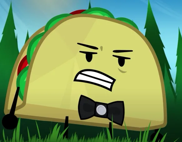 A cartoon taco with a stern, disappointed facial expression, wearing a black bowtie, stands in a grassy forest. The taco has…
