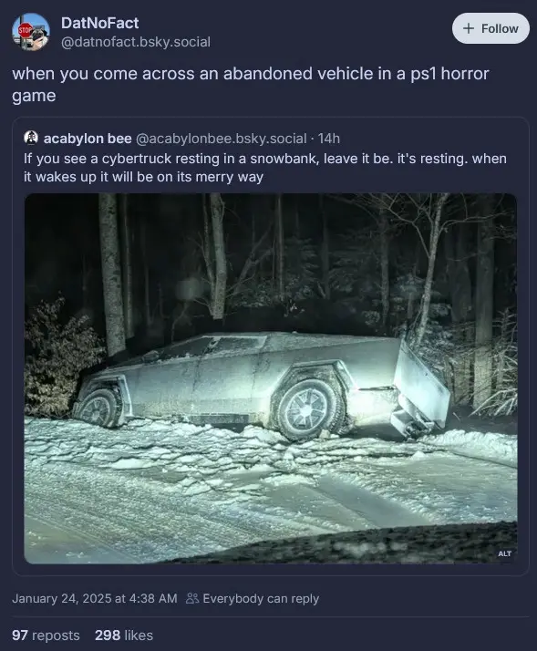 A silver Tesla Cybertruck is partially buried in a snowbank in a dark, wooded area at night. The vehicle appears abandoned…