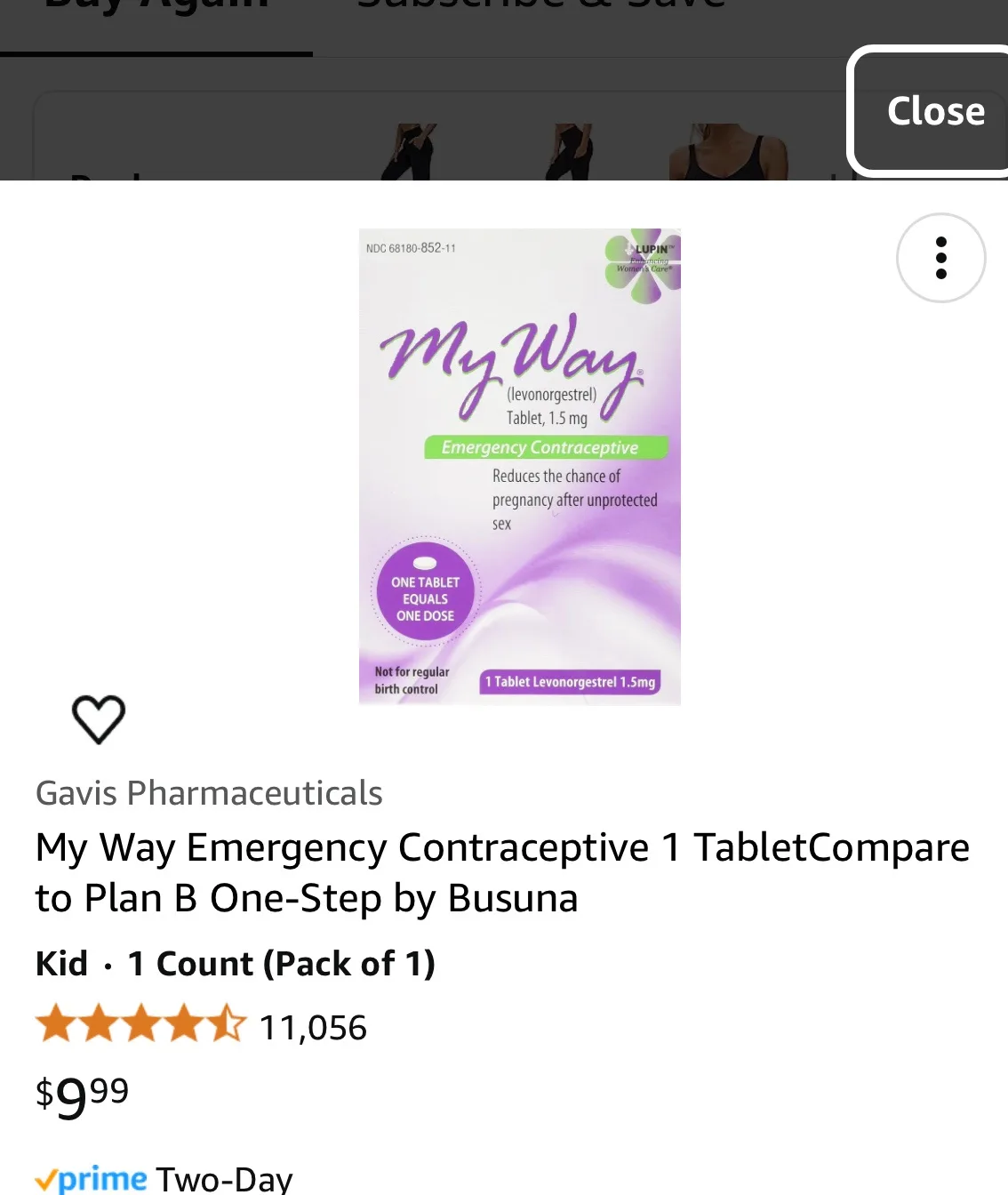 An online product listing for 'My Way' emergency contraceptive, showing the packaging, brand name, dosage, and price of…