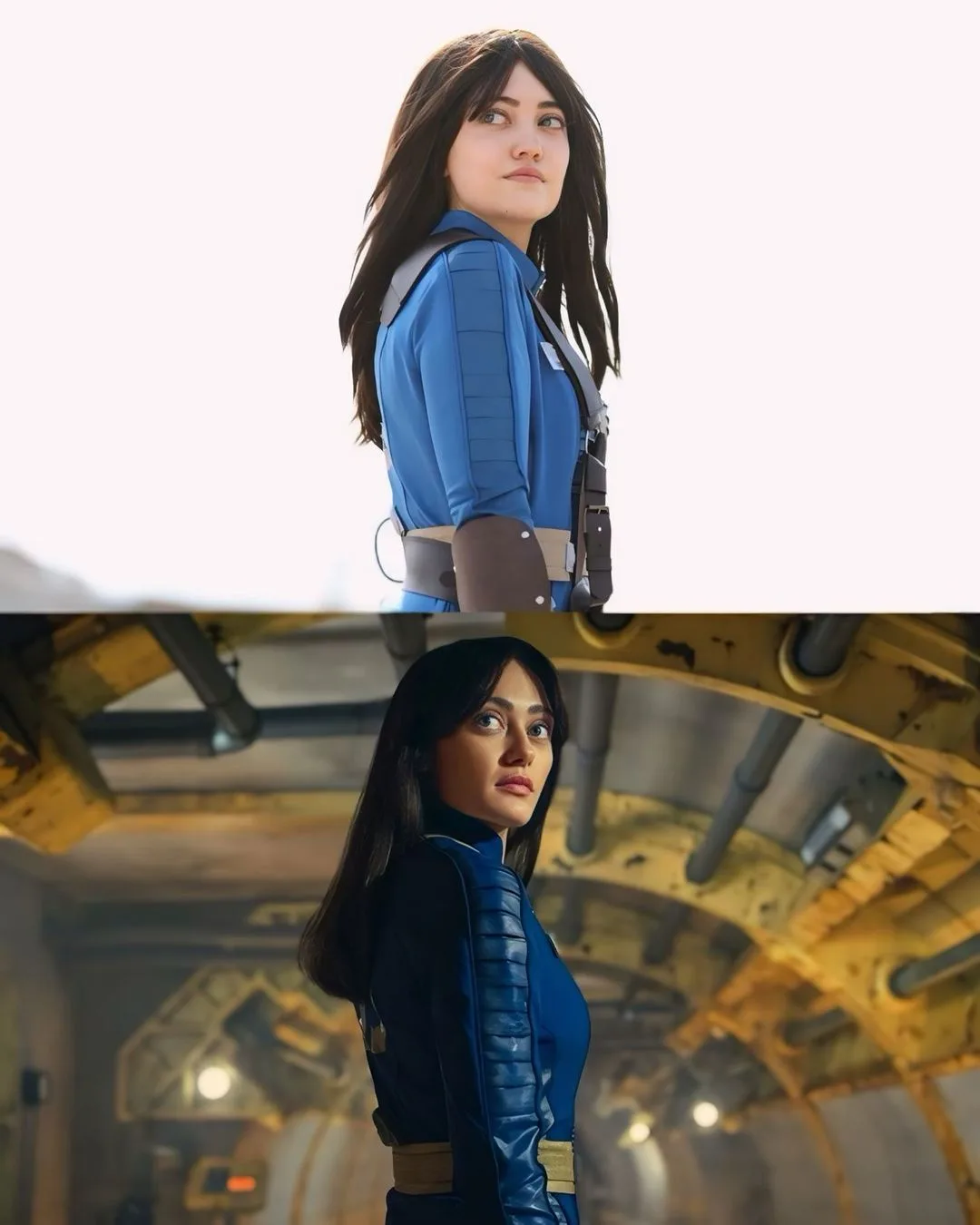 The image is split into two panels showing the same woman in a blue uniform with straps and a belt. The top panel has a…