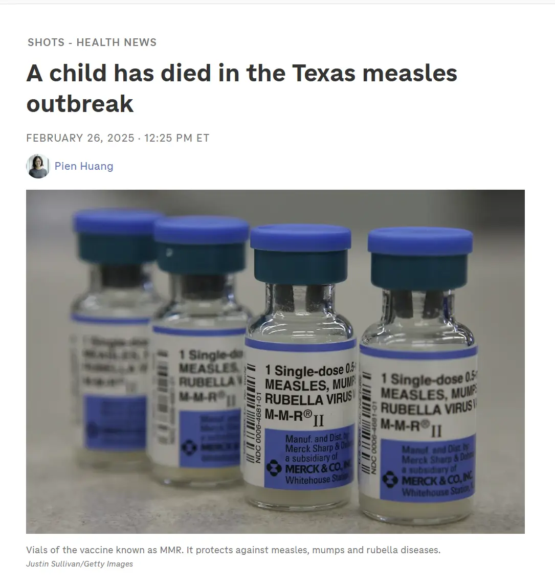 A news article screenshot shows four vials of MMR vaccine with blue caps and labels, under a headline stating 'A child has…