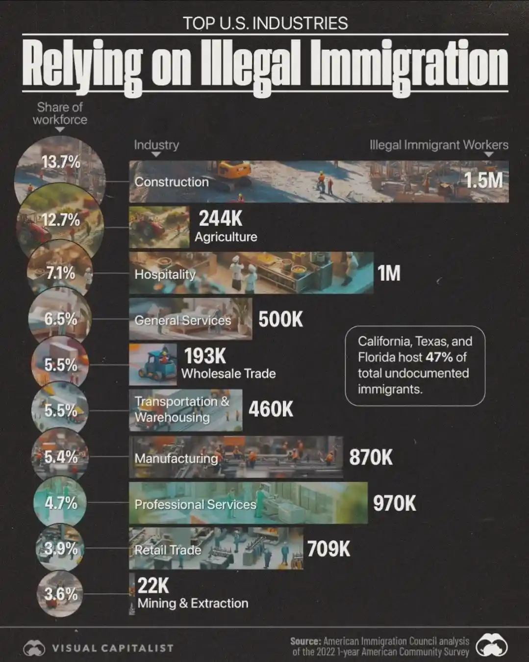 An infographic titled 'Relying on Illegal Immigration' lists U.S. industries with their share of workforce and number of…
