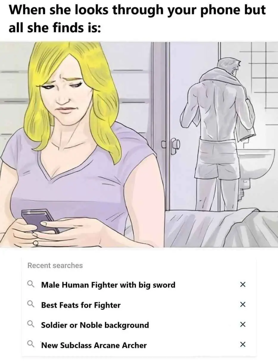 A cartoon woman with a disappointed expression holds a phone, while a man in a robe stands in a bathroom mirror. The phone's…