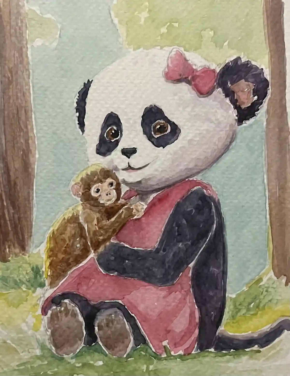 A watercolor painting shows a large, smiling panda wearing a pink dress and a pink bow, sitting in a forest setting while…
