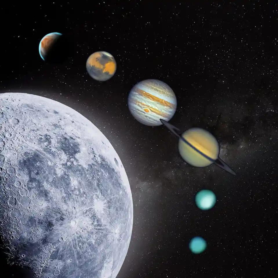 A cosmic scene featuring a large cratered moon in the foreground, with several planets including Jupiter and Saturn visible…