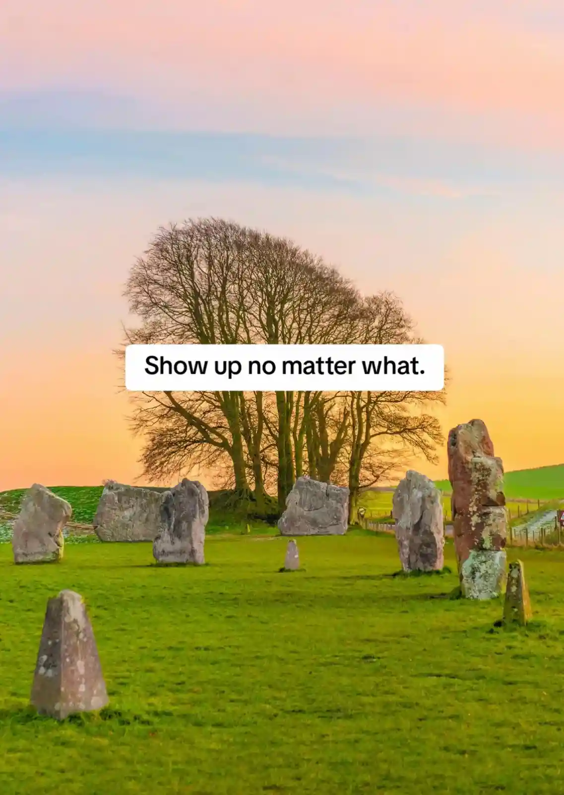 A scenic photo of standing stones in a grassy field at sunset, with bare trees in the background and a white text box…