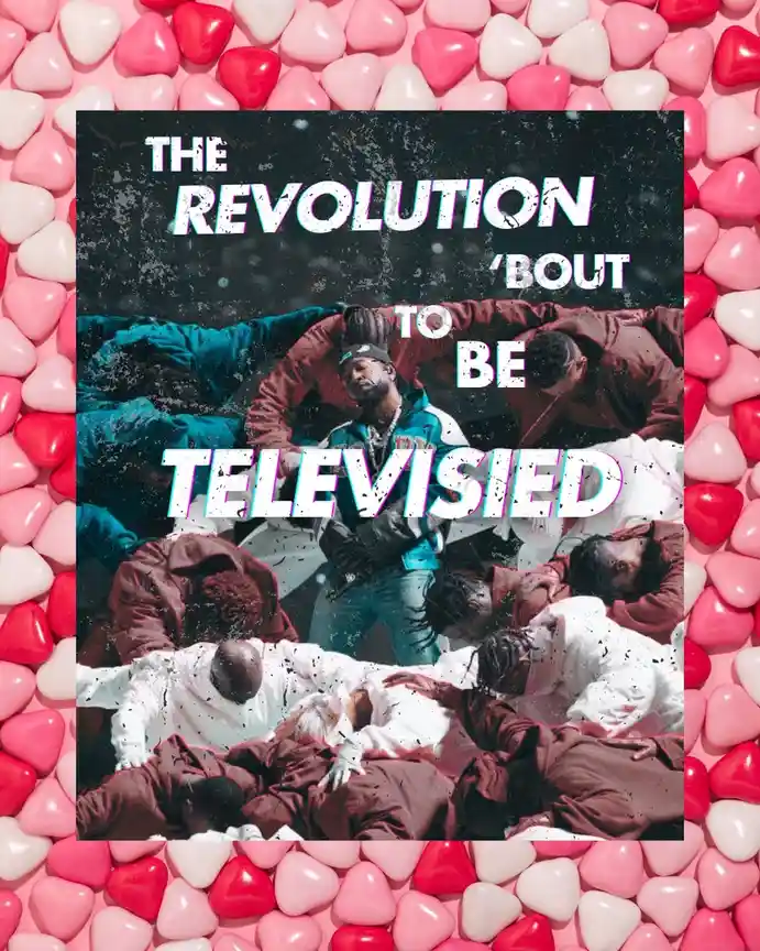 An image of a group of men in a chaotic, gritty pose overlaid with bold, glitchy text reading 'THE REVOLUTION 'BOUT TO BE…