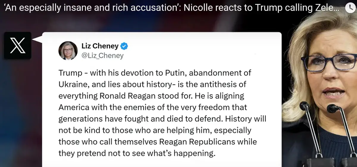 A screenshot of a tweet from Liz Cheney criticizing Trump for his policies, overlaid on a photo of her speaking at a podium…