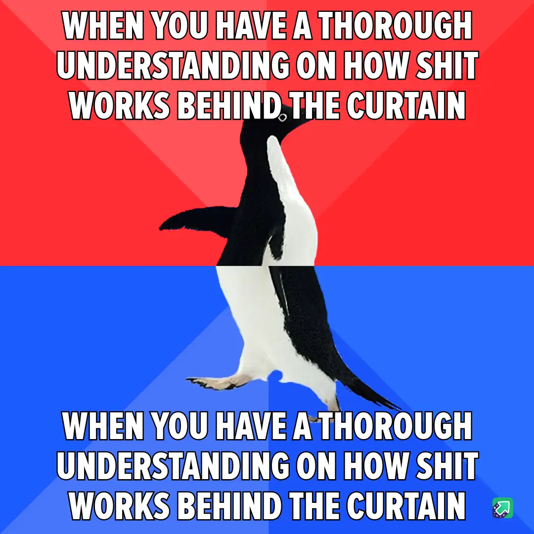 A black-and-white penguin stands upright against a red-and-blue background, with identical white text overlaid on both…