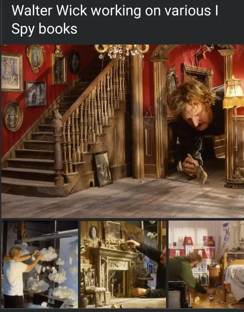 The image shows a collage of photos of Walter Wick, the author and photographer of 'I Spy' books, meticulously working on…