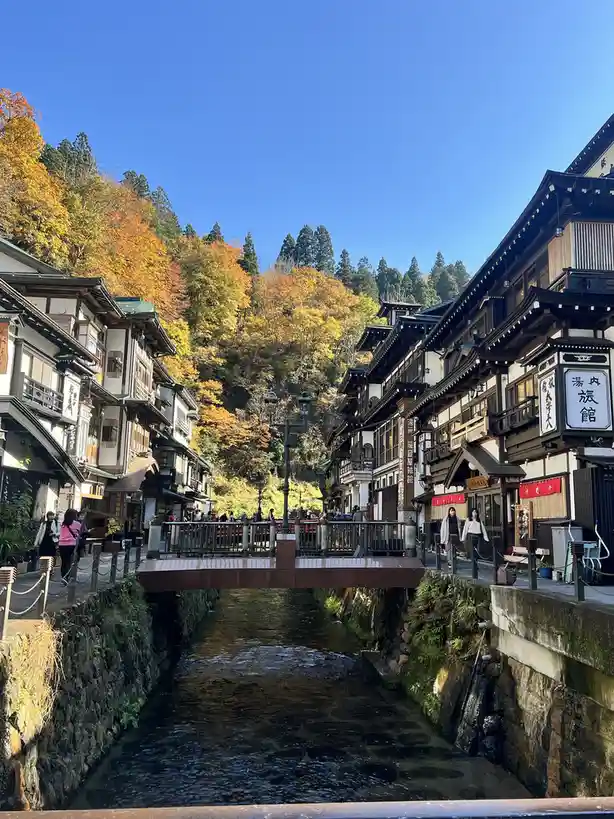 a picturesque street scene in a japanese town with traditional wooden buildings lining a narrow canal, surrounded by autumn…