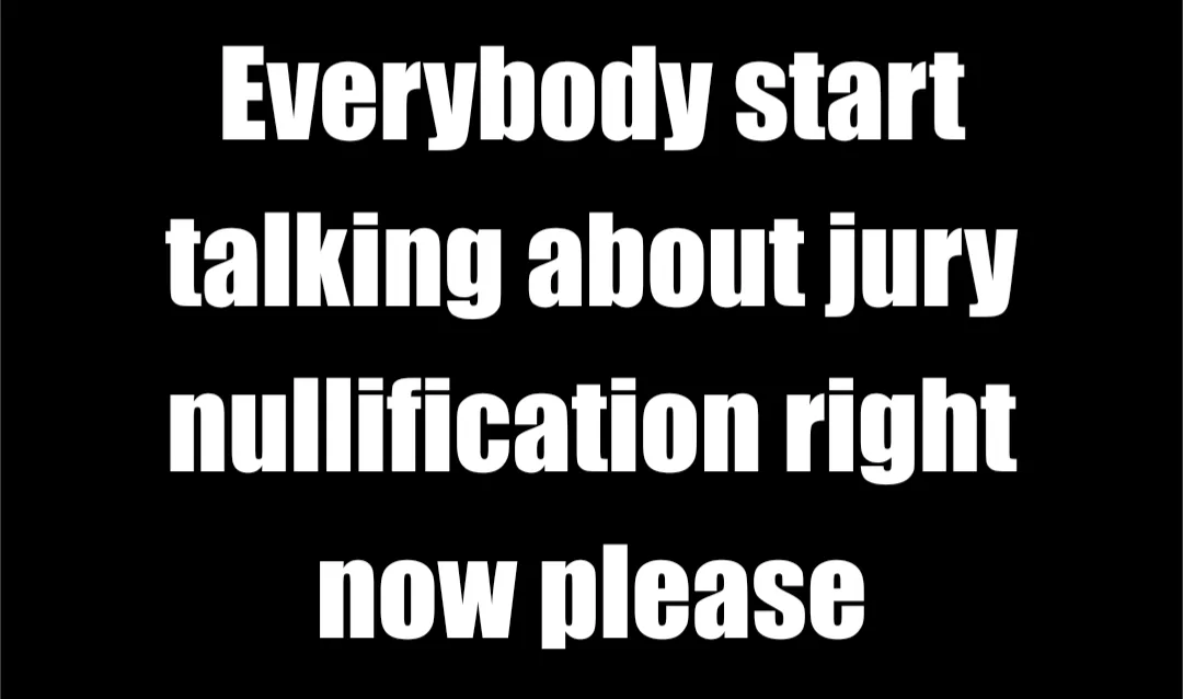A black background with bold white text that reads 'Everybody start talking about jury nullification right now please'. The…