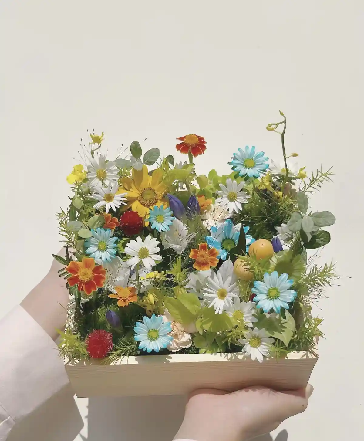 A person's hands hold a rectangular wooden box filled with a vibrant, colorful assortment of flowers including white…