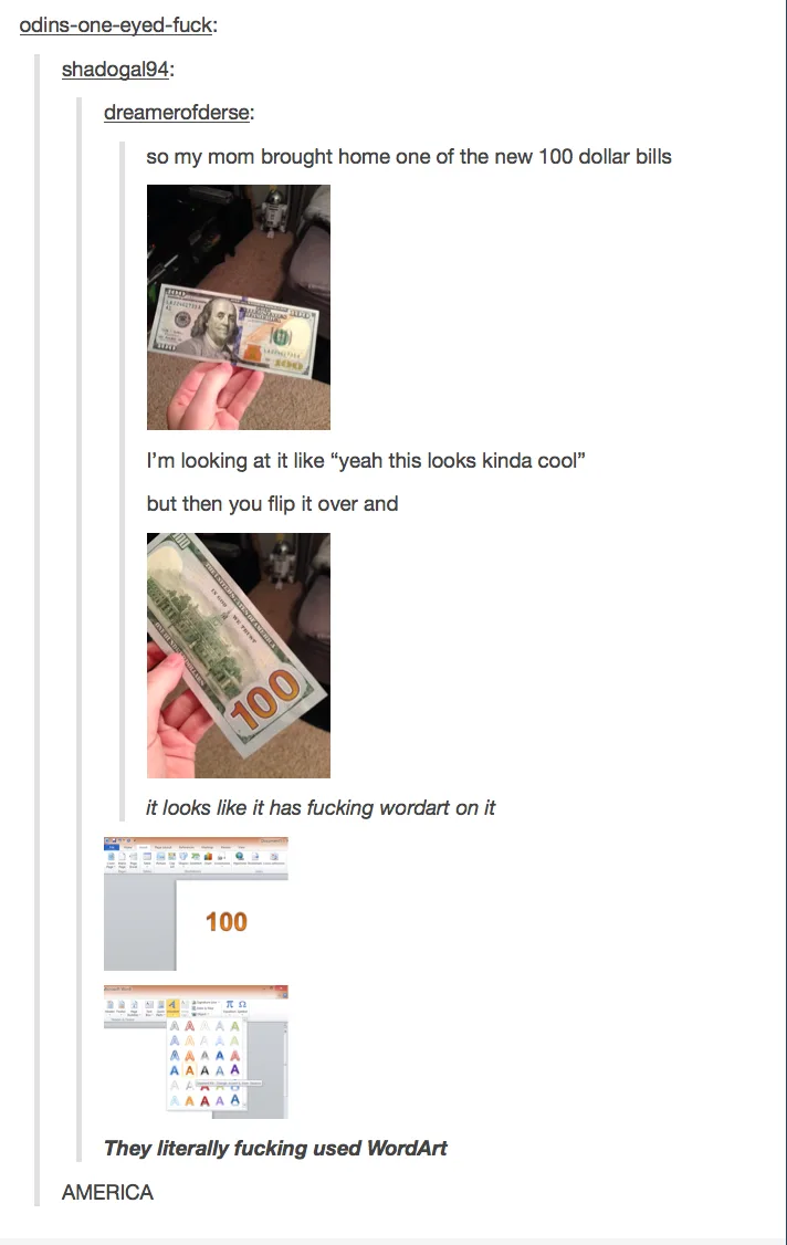 A Reddit thread shows a person holding a new 100-dollar bill, initially admiring it, then flipping it to reveal the number…