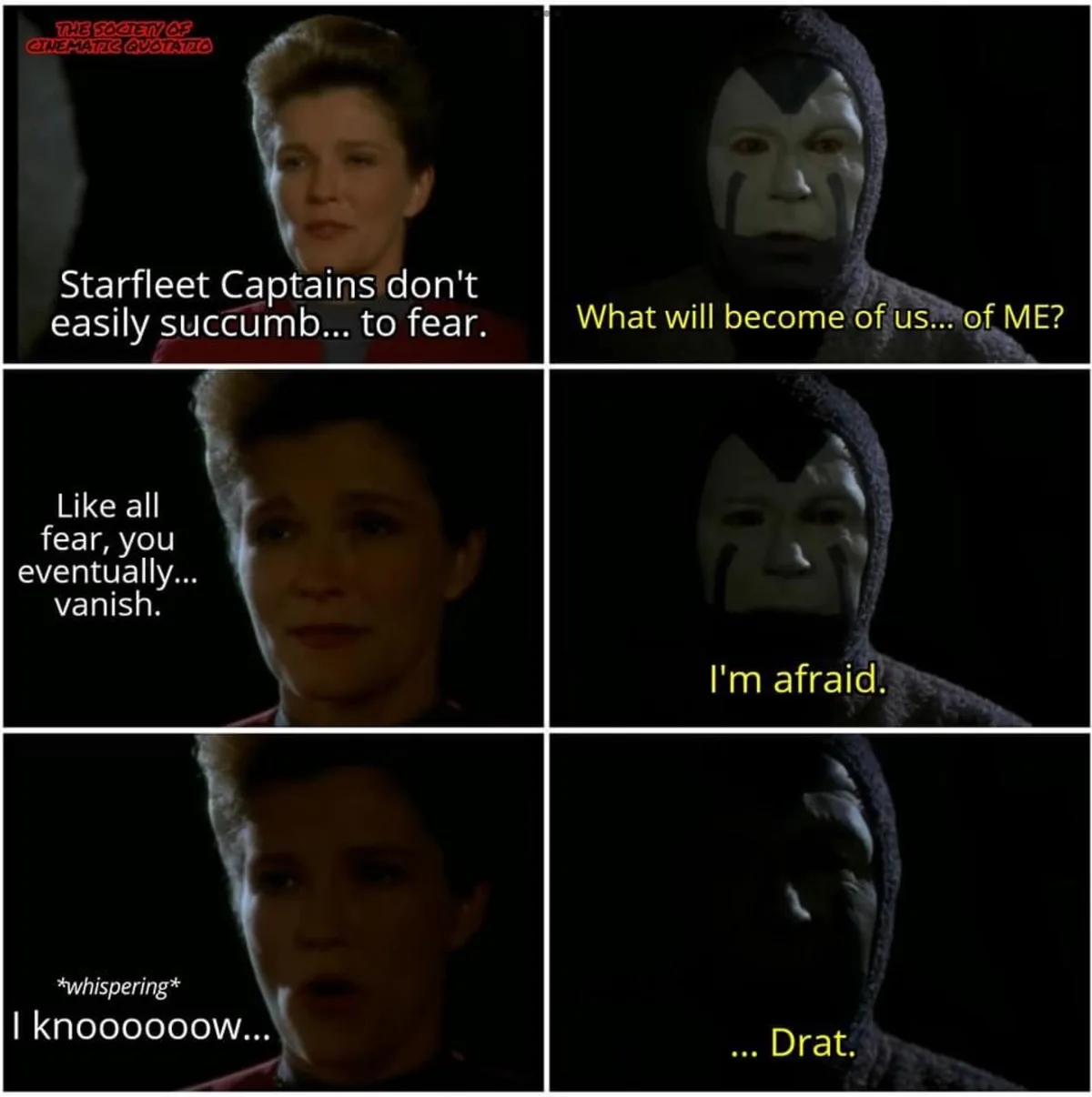 A four-panel meme from Star Trek: The Next Generation featuring Captain Picard and a Klingon. Picard says Starfleet Captains…