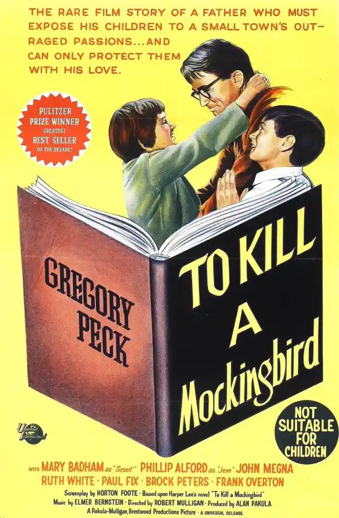 A vintage movie poster for 'To Kill a Mockingbird' shows a father and two children emerging from an open book. The poster…