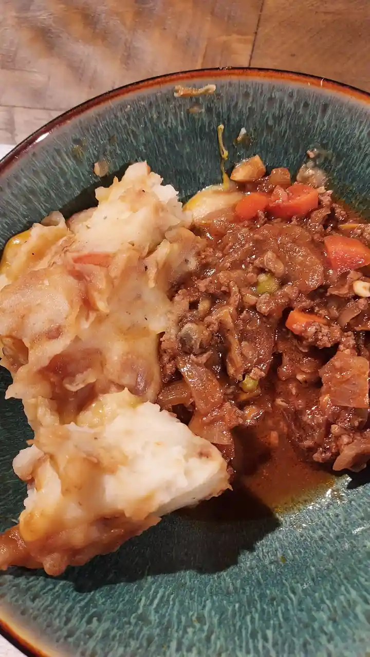 A close-up photo shows a bowl of shepherd's pie with mashed potatoes on one side and meaty gravy with carrots and onions on…