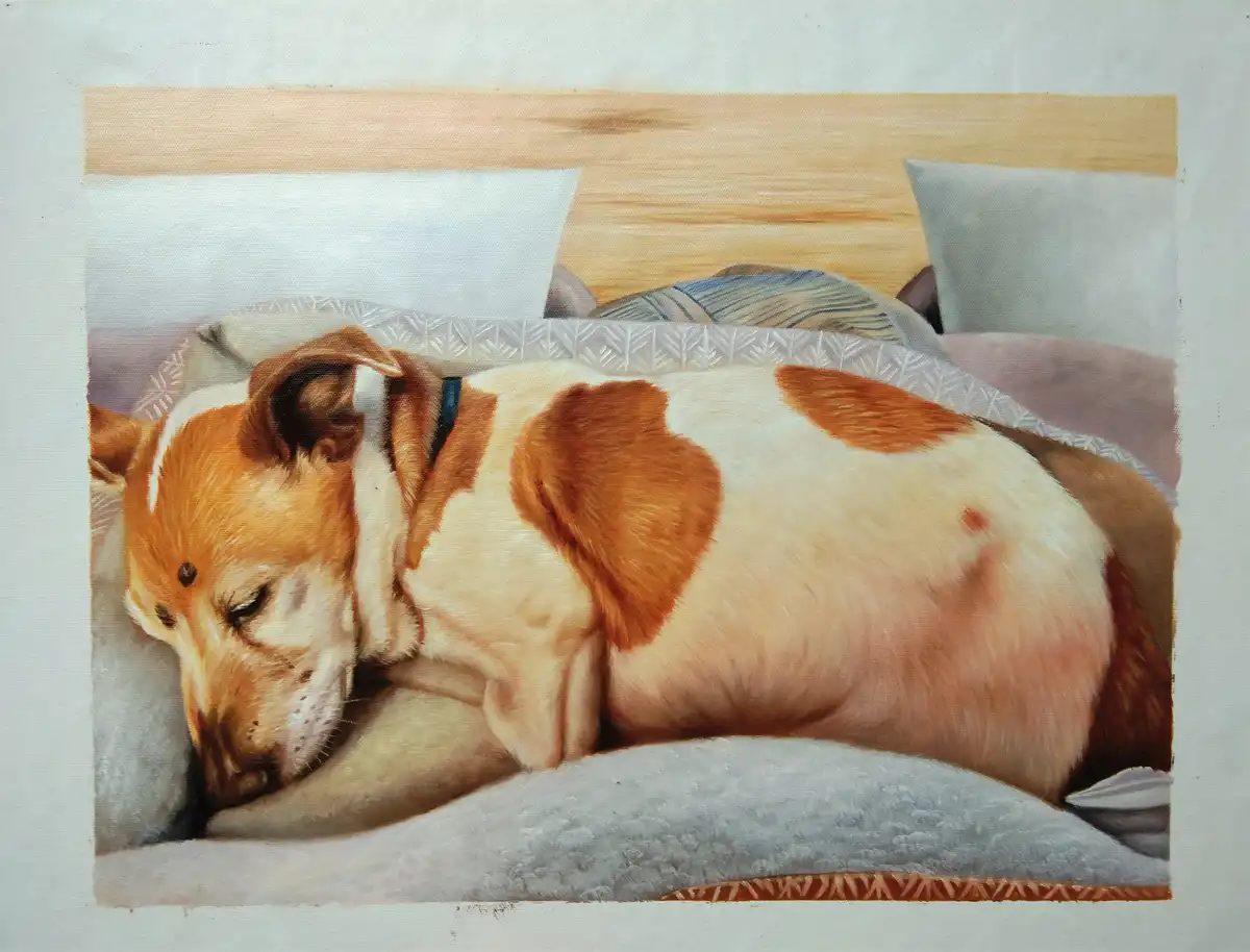 A realistic painting of a brown and white dog sleeping peacefully on a bed with pillows and blankets, with the overlaid text…