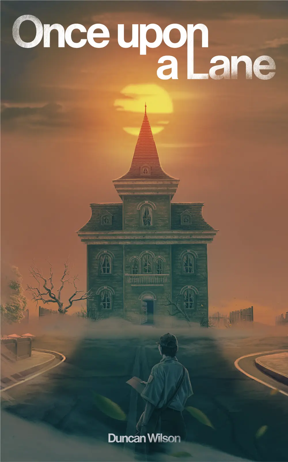 A person in a cap and shirt stands at a forked road, looking toward a large, eerie, multi-story house with broken windows…