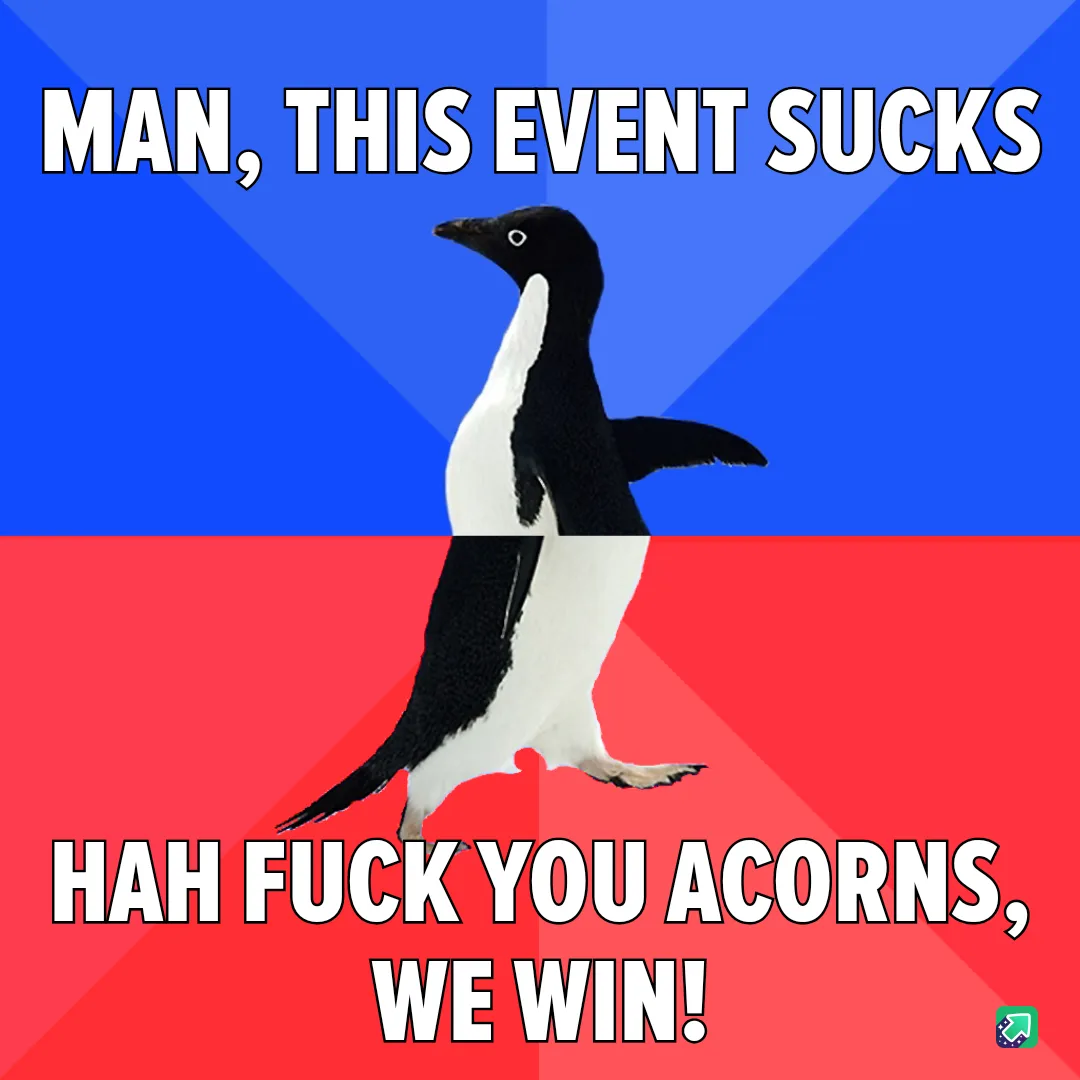 A penguin stands centered against a blue and red background, with the top text reading 'MAN, THIS EVENT SUCKS' and the…