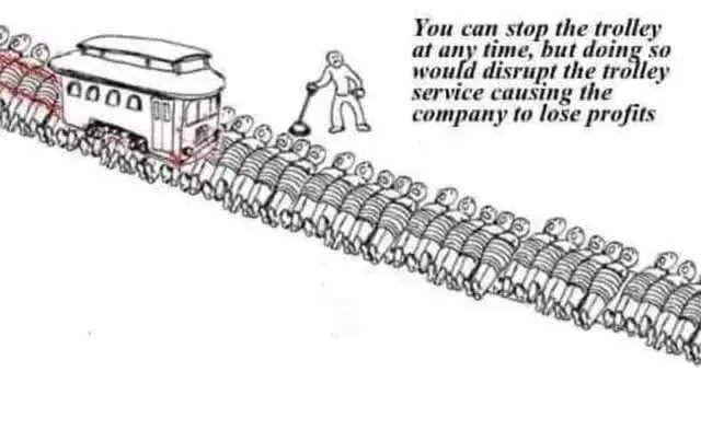 A black-and-white cartoon depicts a trolley car being pulled by a long line of identical, faceless figures in striped…