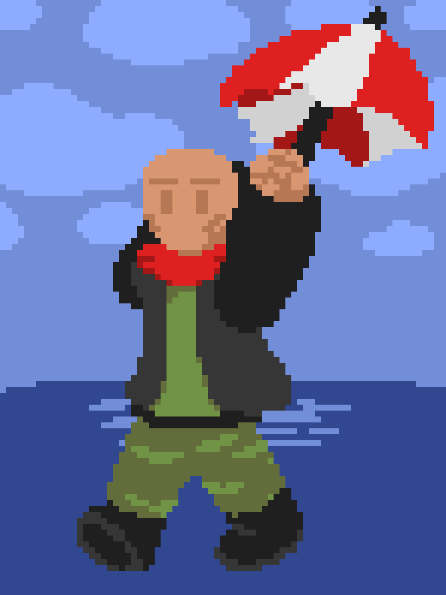 A pixelated character with a bald head, wearing a red scarf, black jacket, and green pants, stands in water holding a red…
