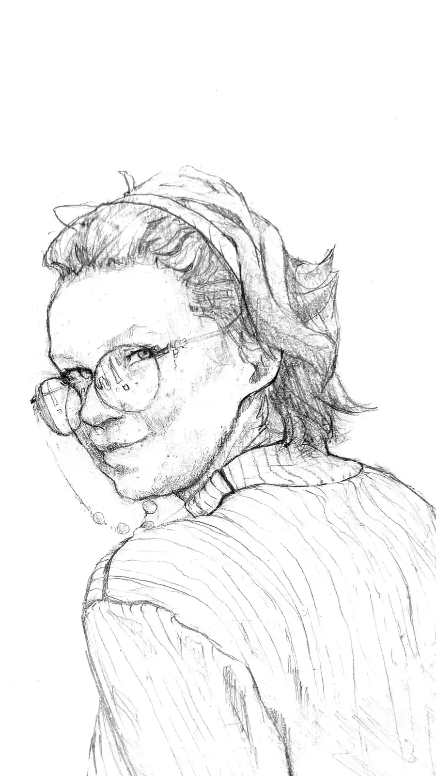 A black-and-white pencil sketch shows a woman with glasses and a headscarf, looking over her shoulder with a slight smirk…